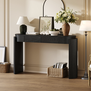 TREXM Entryway Table Natural Wood Grain Finish Oval Top 2 Drawers <b>Console</b> Table for Entryway and Living Room - Product Image 2
