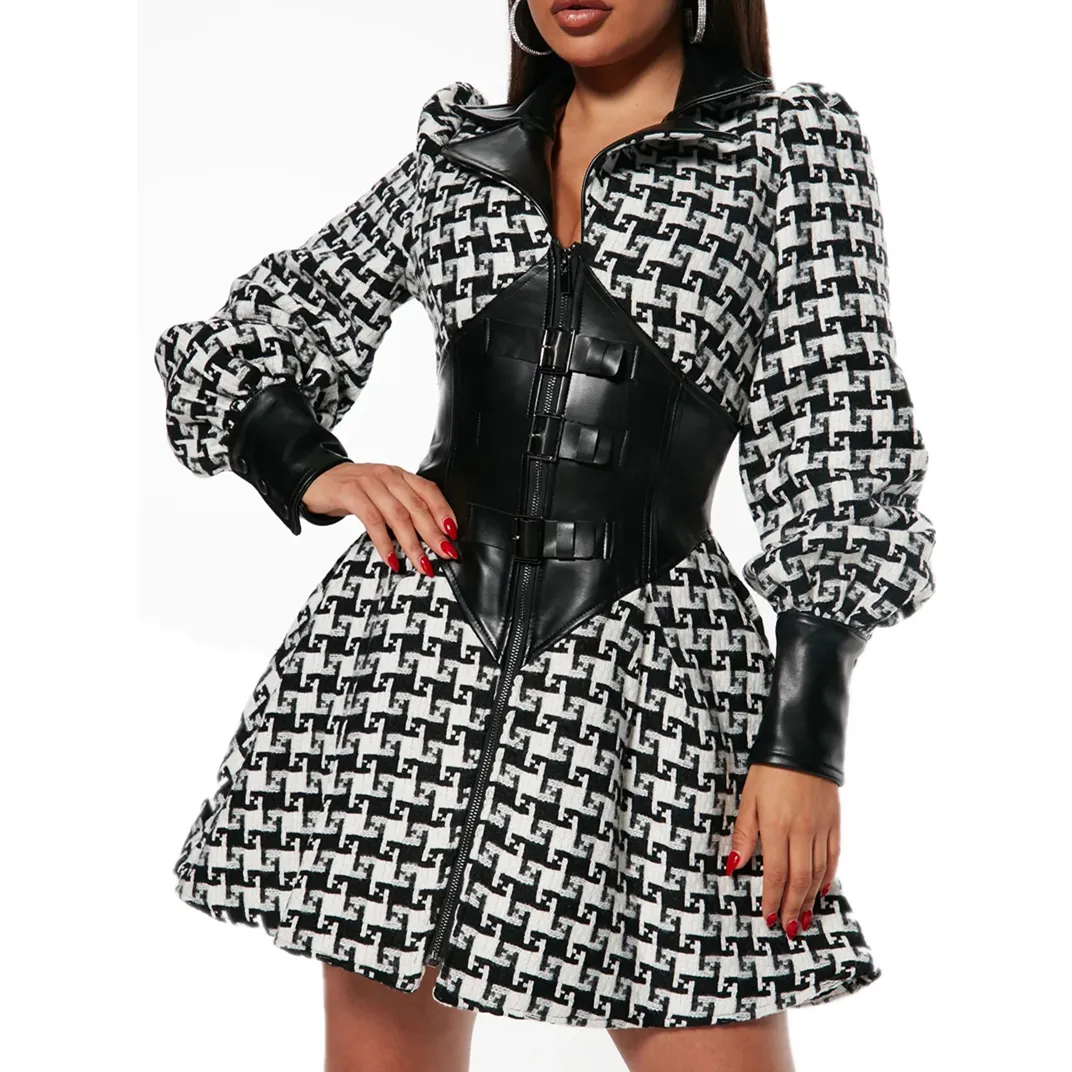 Women Plaid Jacket Girls Long Sleeves Faux Leather Corset PU Cuffs Waist Women's Zipper Closure Dress Coat