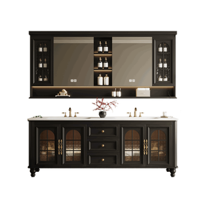 Ensemble de meubles de salle de bain vintage de style français en bois de caoutchouc à double vasque, sur mesure, avec double lavabo - Product Image 5