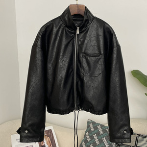 OFTBUY 여성용 인조 가죽 코트 여성 스탠드 칼라 긴소매 트랜지션 PU 가죽 재킷 지퍼 오토바이 재킷 루즈핏 - Product Image 2