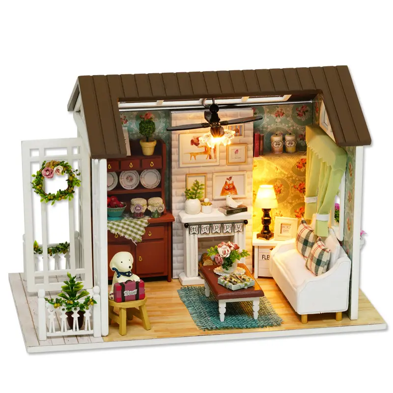 Quebra-cabeça de madeira DIY para sala relaxante, kit de casa de bonecas em miniatura 3D, kit de confecção de casa para decoração de casa