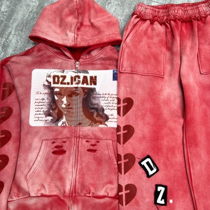 Qianshi Bán Buôn Đau Khổ Rửa Axit Áo Và Quần Bó Sát Thiết Lập Tùy Chỉnh In Ấn Chắp Vá Quá Khổ Zip up Tracksuit Phụ Nữ - Product Image 4