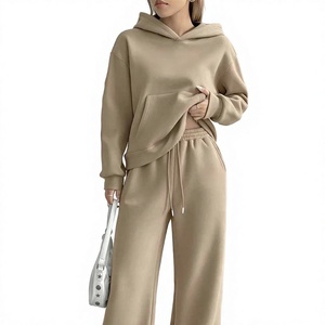 <b>Women's</b> Beige Hooded Sweatshirt Jogger <b>Set</b> Full Sleeve Loose Fit Casual Two Piece Tracksuit Solid Color All Seasons Wear - Product Image 1