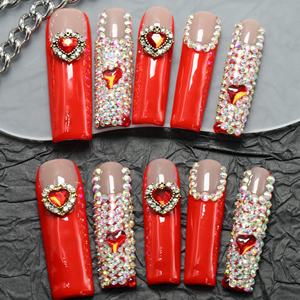 Vente en gros d'ongles artificiels en acrylique faits à la main, faux ongles carrés à couverture complète, dégradé rose et blanc, design avec strass, personnalisable. - Product Image 1