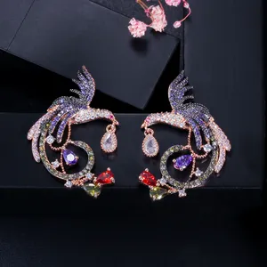Exclusive Black and Rose Gold Color Two Tones Brass Animal Birds Shape Dangle Stud Earrings with Green Purple Red Cubic Zircon