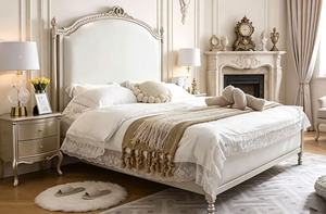 Premium Queen Size Silver Finish <b>Bed</b> With Cream Upholstered Ornate Carved Headboard For Princess Bedroom - Product Image 2