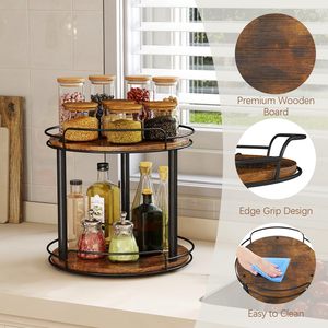 <b>Rotating</b> <b>Spice</b> <b>Rack</b> Double Layer Wooden Kitchen Storage Organizer With Iron Frame For Seasoning And Oil Bottles - Product Image 1