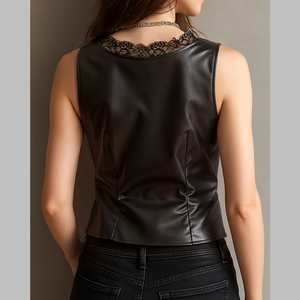 Channel Trendy 2026 Débardeur en similicuir PU pour femme, à bordure en dentelle, boutonné, sans manches, pour soirée - Product Image 3