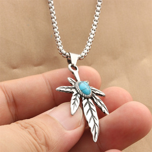 Collier avec pendentif en forme de feuille d'érable turquoise en acier inoxydable, style punk rétro pour hommes, 280611 - Product Image 3