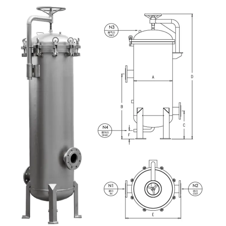 Yüksek akış SUS304 veya 316L çanta filtre yuvası büyük ölçekli CNC makinesi soğutucu filtrasyon/galvanik çözelti filtrasyonu