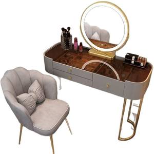 Modern Makeup Vanity Desk With Led Mirror <b>Gold</b> Legs Gray Fabric Chair For Bedroom <b>Dressing</b> <b>Table</b> - Product Image 5
