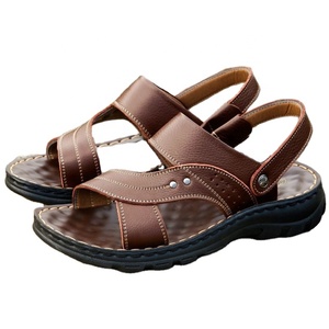 Sandales en cuir véritable pour hommes, à bout ouvert, semelle extérieure en caoutchouc, chaussures d'été décontractées pour l'extérieur, semelle épaisse, grande taille - Product Image 1
