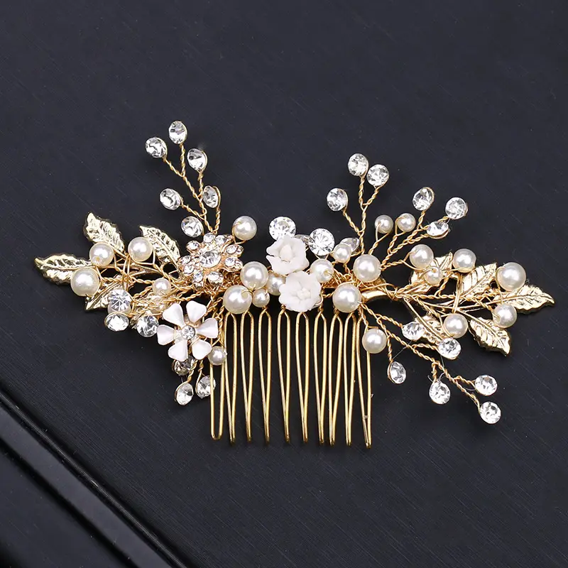 Altın Metal Kristal Inci Çiçek Combs Takı Tiaras de Noiva Başlığı Gelin Saç Takı Kadınlar Düğün saç aksesuarları