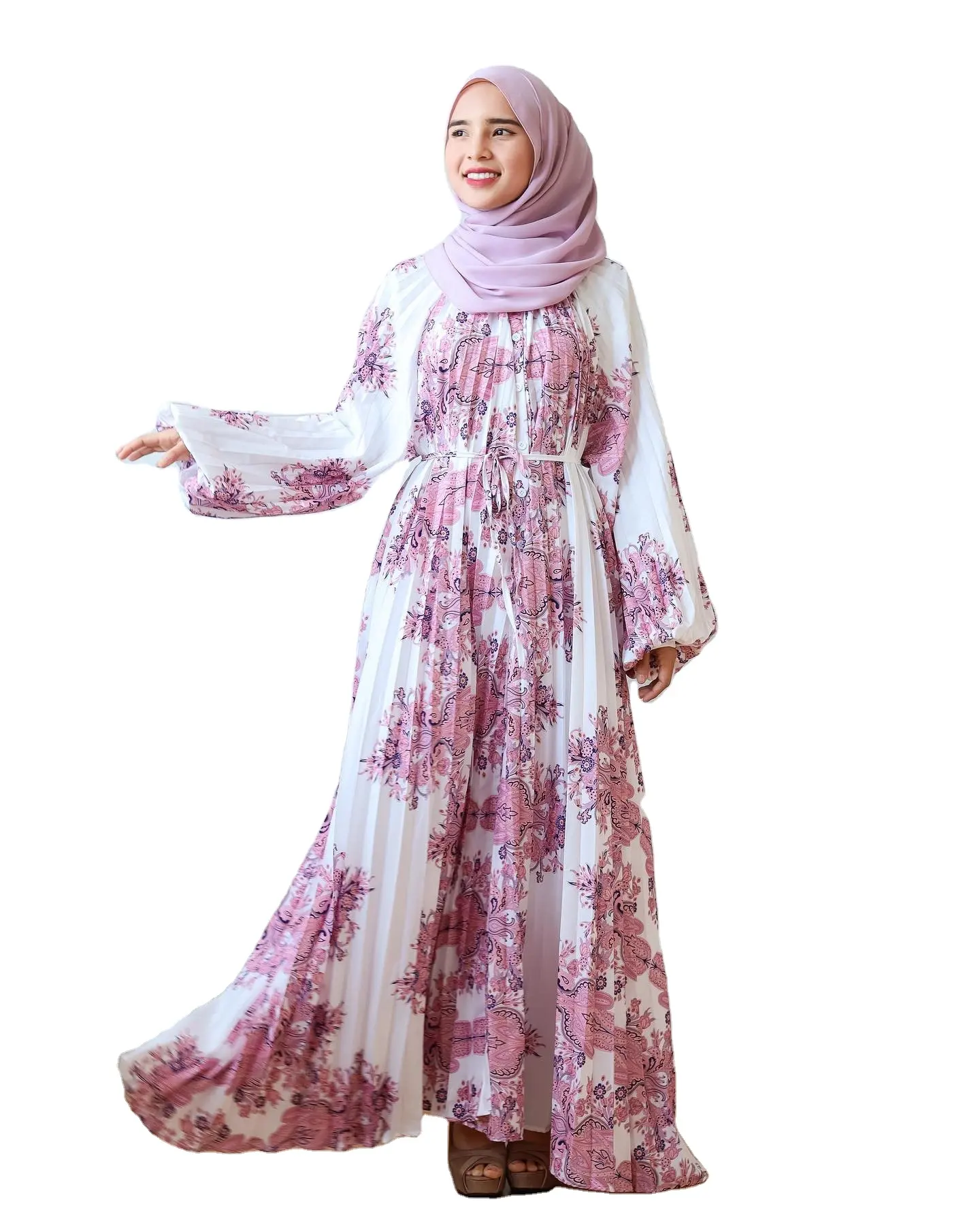 Venta caliente nueva ropa islámica impresa larga impresa plisada mangas farol Malasia Abaya suelta Casual túnica vestidos musulmanes