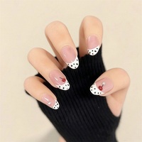 Kuku Palsu 3D Cherry French Press Oval Sedang Warna Nude Pink Hitam Bentuk Lingkaran Dapat Digunakan Kembali Bahan ABS Desain Kuku Jari 10Pcs Grosir