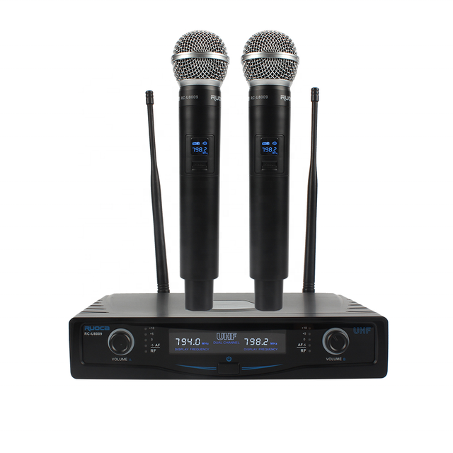 UHF Portable Dual-Channel Wireless Handheld Microphone One-in-Two Recording for Conference Live KTV LED Noise FM Metal
