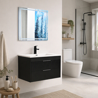Kabinet Kamar Mandi Modern Hitam Model Gantung dengan Wastafel Resin Terintegrasi dan Cermin LED untuk Proyek Kamar Mandi