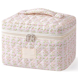 Quilted Makeup <b>Bag</b> Large Cosmetic Travel Case for Women Soft Cotton Toiletry Organizer Skincare Brushes Accessories Storage - Product Image 1