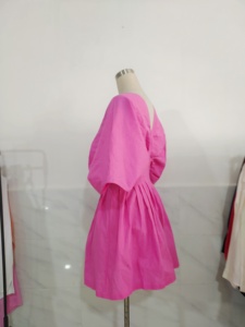 Abito in lino di alta qualità <span class=keywords><strong>davanti</strong></span> tasche <span class=keywords><strong>con</strong></span> <span class=keywords><strong>cerniera</strong></span> nascosta scollo a V vita sottile Logo personalizzato gonna in lino di cotone abito da donna - Product Image 2