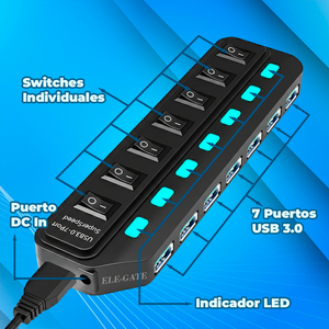 Hub USB 3.0 Ele-Gate à 7 ports avec interrupteurs individuels, transfert de données haute vitesse - Product Image 4