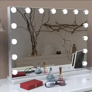2023 New Fashion Dressing Table Hollywood White Mirror Desktop Beauty Makeup Mirror with 15 Bulbs LED Light Adjustable Light