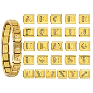 Gold-base Diamond-inlaid <b>Letter</b>-style Modular Bracelet Stainless Steel Electroplated DIY Customizable Name Wristband Chain - Product Image 1