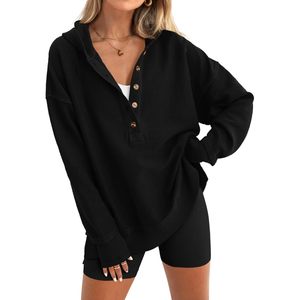 Womens Oversized Long Sleeve Hoodie Button Down V Neck Sweatshirt Knitted Asymmetric Casual Pullover <b>Tops</b> - Product Image 1