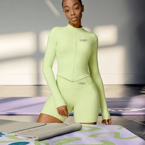 طقم رياضي نسائي مخصص مكون من قطعتين للتمارين الرياضية، مقاسات كبيرة، أكمام طويلة، مصنوع من السباندكس/النايلون، مقاوم للتكور وقابل للتنفس - Product Image 2