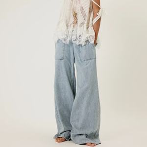 Jean baggy décontracté bleu vintage taille haute pour femme 2025 avec poches surdimensionnées et boutons décoratifs - Product Image 1