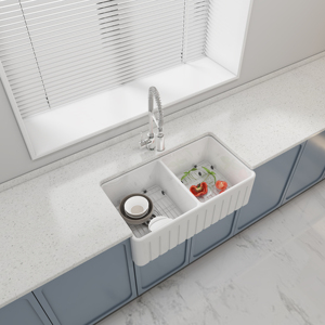 Évier de cuisine en céramique blanc de 33 pouces, double bac, style ferme, avec façade en argile réfractaire, profond - Product Image 6