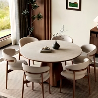 Table à manger ronde en pierre frittée de style Mid-Century, base en bois massif évasée, style Wabi Sabi, pour salle à manger