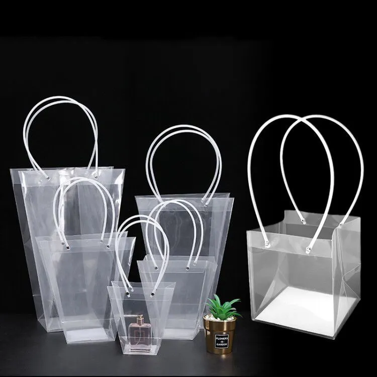 Wholesale Square Large Size PVC Transparent Plastic Flower Bag Clear Gift Flower Bouquet Bag With Handle