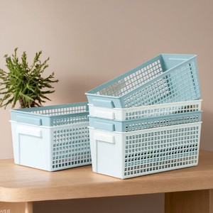 Rectangular Plastic <b>Storage</b> <b>Basket</b> With Hollow Design For Desktop Office Organizer White And Green Colors - Product Image 1