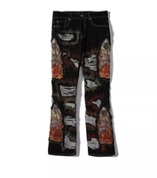 Jeans évasés déchirés pour hommes avec logo personnalisé et patch brodé lourd, fabrication OEM ODM, pantalon en denim streetwear, fabricant de vêtements personnalisés