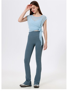 Haut de yoga 2-en-1 en maille pour femme avec soutien-gorge intégré, manches courtes à nouer sur le côté, t-shirt de sport respirant pour la gym, la danse, le Pilates, l'entraînement OEM ODM - Product Image 4