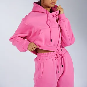 Alta calidad personalizado dos piezas de gran tamaño 100% algodón peso pesado Crop Hoodies Sweatsuit Jogger Suit Chándal Set para mujer