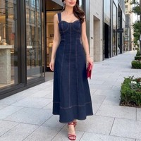 Robe longue en jean bleu foncé élégante sur mesure, style corset, avec surpiqûres contrastantes, coupe évasée, vente en gros OEM/ODM