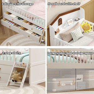 Modern Twin <b>Bed</b> <b>Frame</b> Storage 4 Drawers Solid <b>Pine</b> Wood Kids Platform Twin <b>Bed</b> Guardrail Headboard Ladder Bedroom Eco-Friendly - Product Image 4