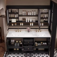 Ensemble de meuble-lavabo de salle de bain flottant en bois massif de style français moderne avec dessus en pierre frittée, miroir LED intelligent et lavabo en céramique