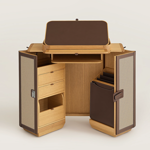 Commode secrétaire haut de gamme multi-rangements, bureau pliant avec armoire intégrée en bois, cuir et lin pour salon et bureau à domicile - Product Image 3