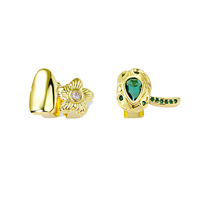 Grillz dentaire réglable en cuivre avec zircon vert motif fleur, style Hip Hop, bijoux de fête d'Halloween pour hommes et femmes, Or Argent