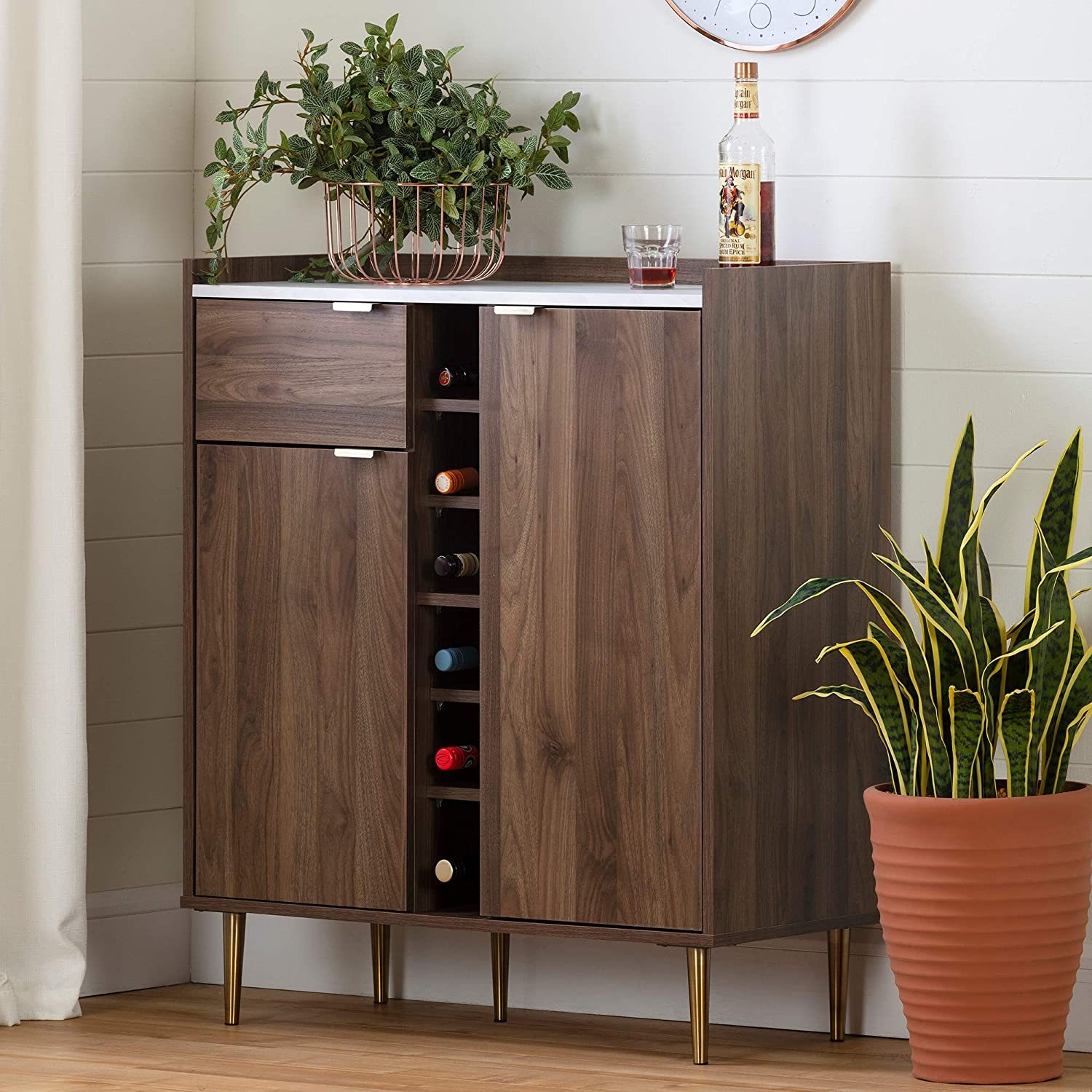 Hype Buffet With Strorage-Natural Walnut And Faux Carrara Marble