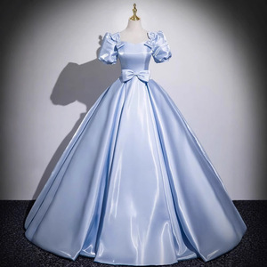 Sky Blue Satin Ball Gown Square Neck Empire Waist Long Evening Dress For Women Art Exam Choir Performance Hosting - Product Image 1