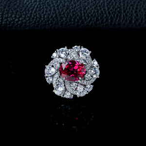 925 Sterling Silver Lab Created Ruby Oval Cut Floral Halo <b>Statement</b> <b>Ring</b> - Product Image 2