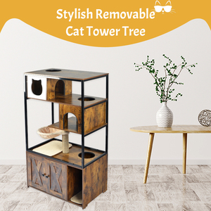 Rumah Kucing Kayu Bertingkat dengan Kotak Pasir dan Tempat Tidur untuk Kucing di Dalam Ruangan, Dilengkapi Tiang Garukan - Product Image 6