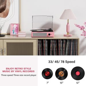 Tourne-disque <span class=keywords><strong>vinyle</strong></span> avec 2 haut-parleurs stéréo, entraînement par courroie, 3 vitesses, 3 tailles, sans fil, pour entrée AUX, RCA, casque, arrêt automatique - Product Image 4