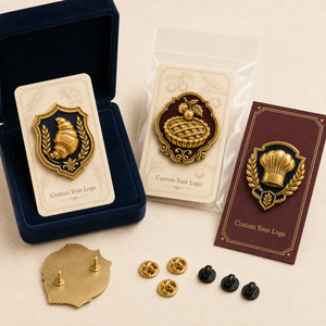 Badges métalliques personnalisés pour boulangerie, plaqués or, en relief 3D, croissant, chapeau de chef, épingles de revers - Product Image 1
