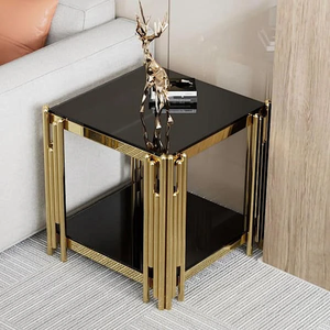 Tavolino da Caffè <span class=keywords><strong>Moderno</strong></span> di Lusso Convertibile in Acciaio Inox Quadrato 50x50cm con Vetro Temperato Nero e Angoli Dorati a Specchio - Product Image 5