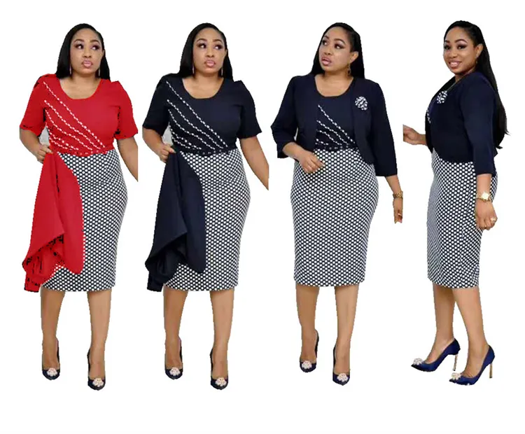 Vestido de tripulação pescoço xadrez temperamento viajante vestido explosivo Africano plus-size das mulheres + pequeno casaco conjunto de duas peças