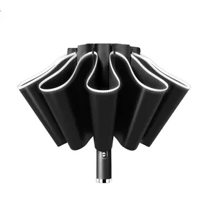 三折按钮创新太阳伞，带反光条自动打开和关闭发光二极管灯反向雨伞